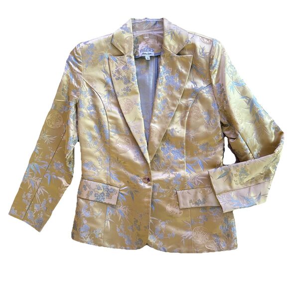 Barbara Lesser Fibers Silk Jacquard Blazer Womens Sz S VTG Gold Floral Elegant - Picture 9 of 14